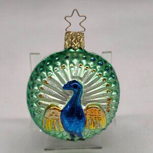 Inge Glas Peacock on Ball German Glass Christmas Ornament Green 2.5"
